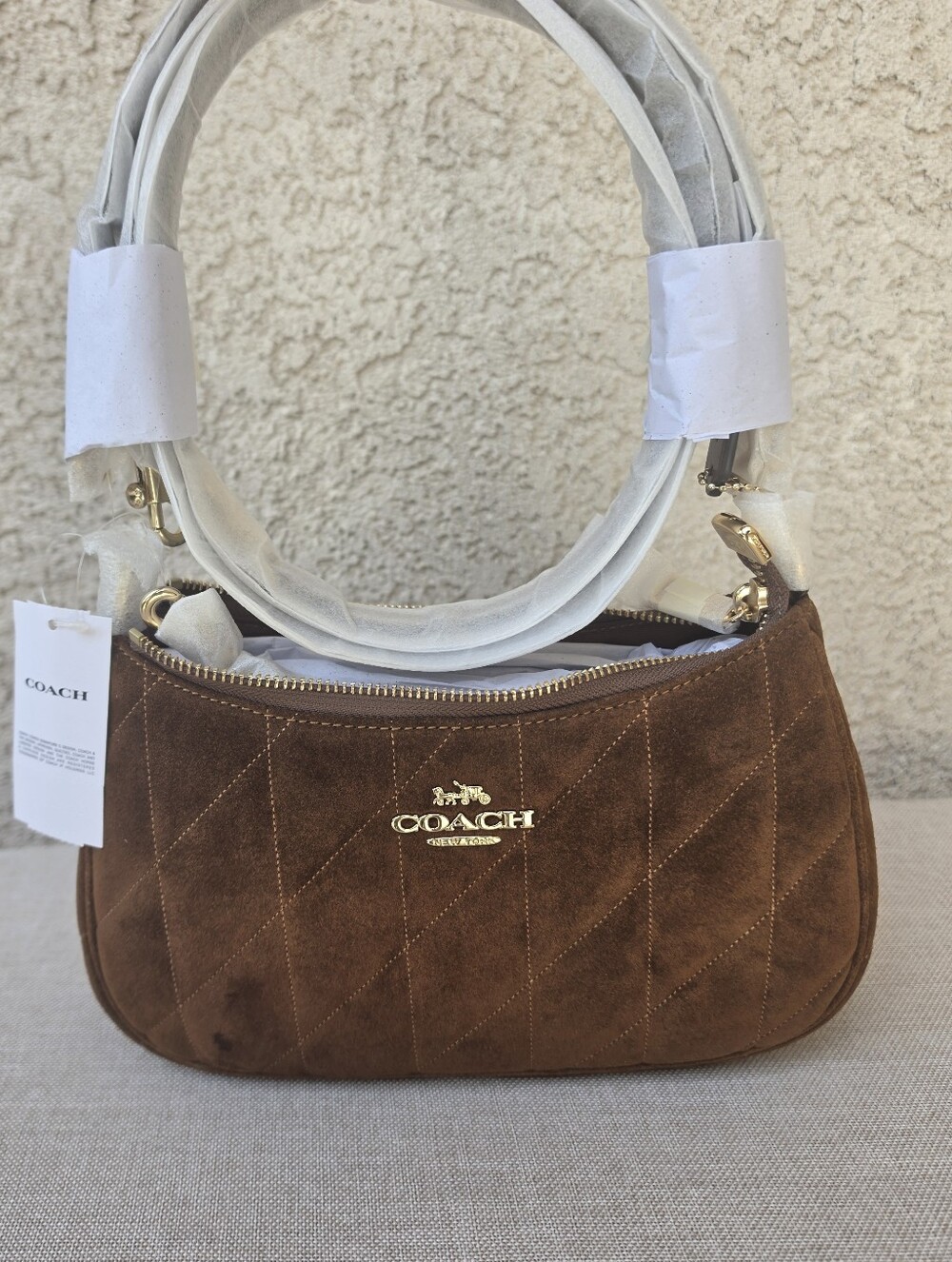 Coach Teri Quilted Suede Shoulder Bag Handbag in Gold/Warm Brown NWT